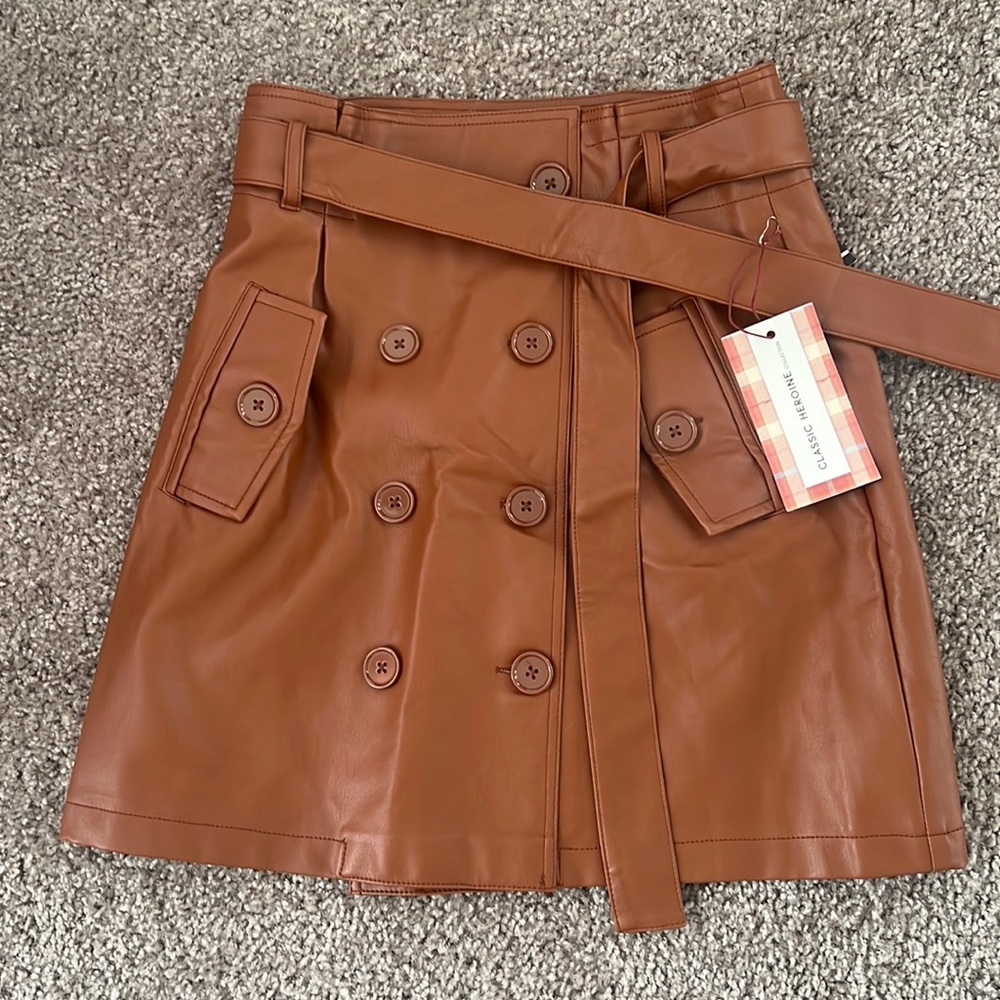 Pleather brown forever 21 skirt with buttons and tie